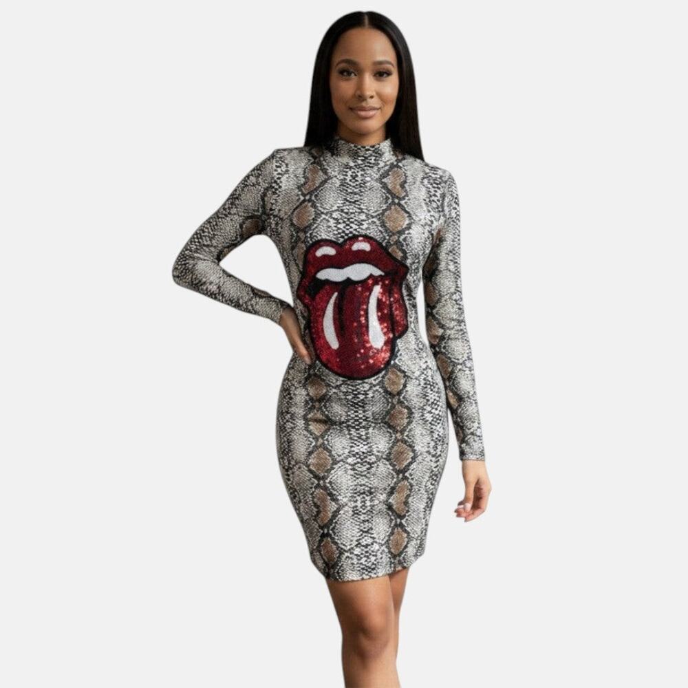 Snake Print Red Lips Long Sleeve Mini Dress